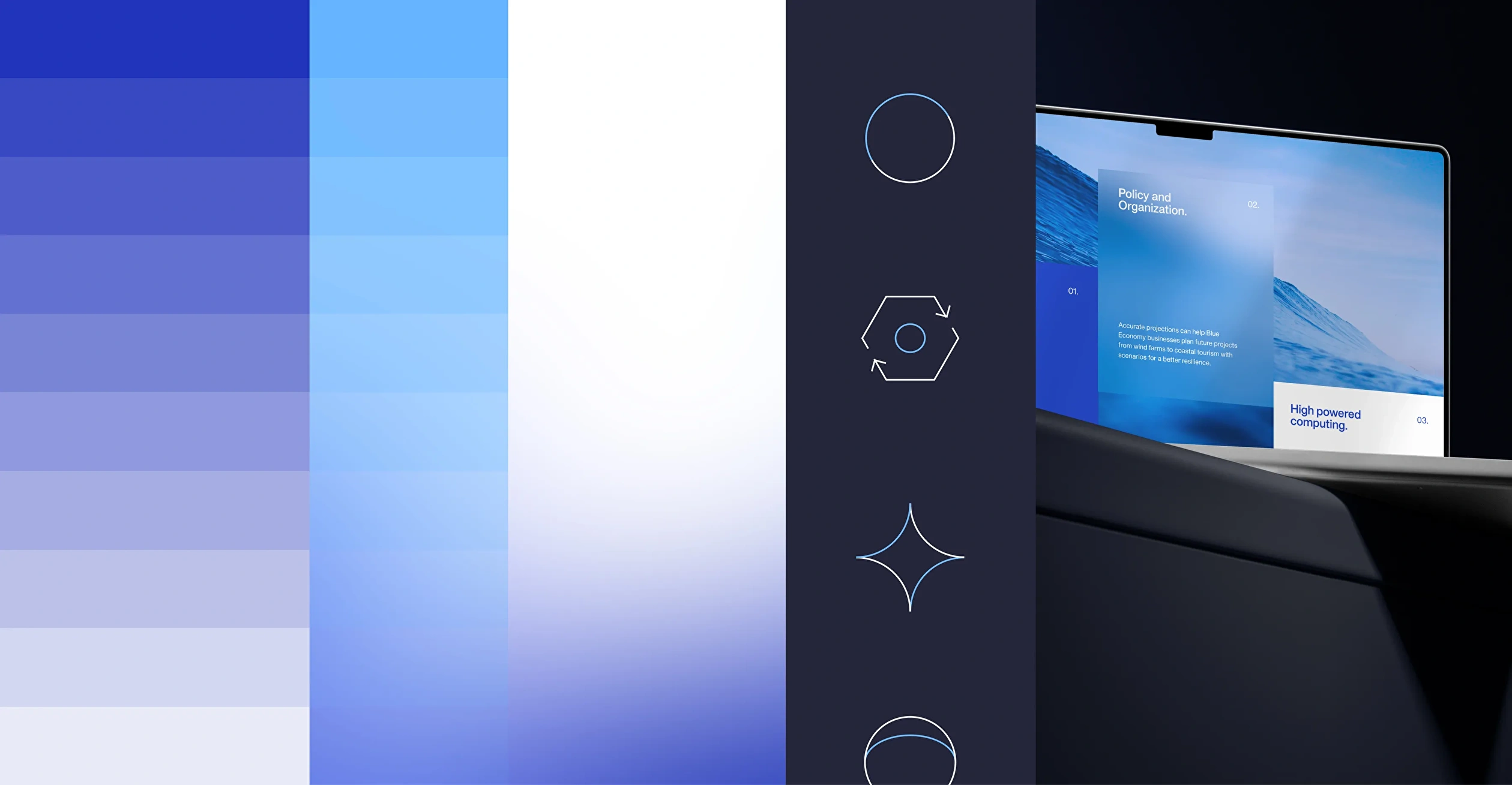 A visual representation of the branding elements for the Digital Twin Ocean landing page, including color palette, icon set and typography