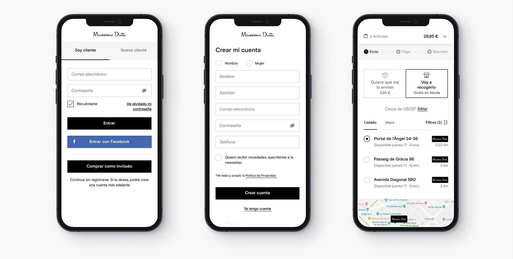 Screens defining the design strategy for the checkout funnel of the Massimo Dutti App.