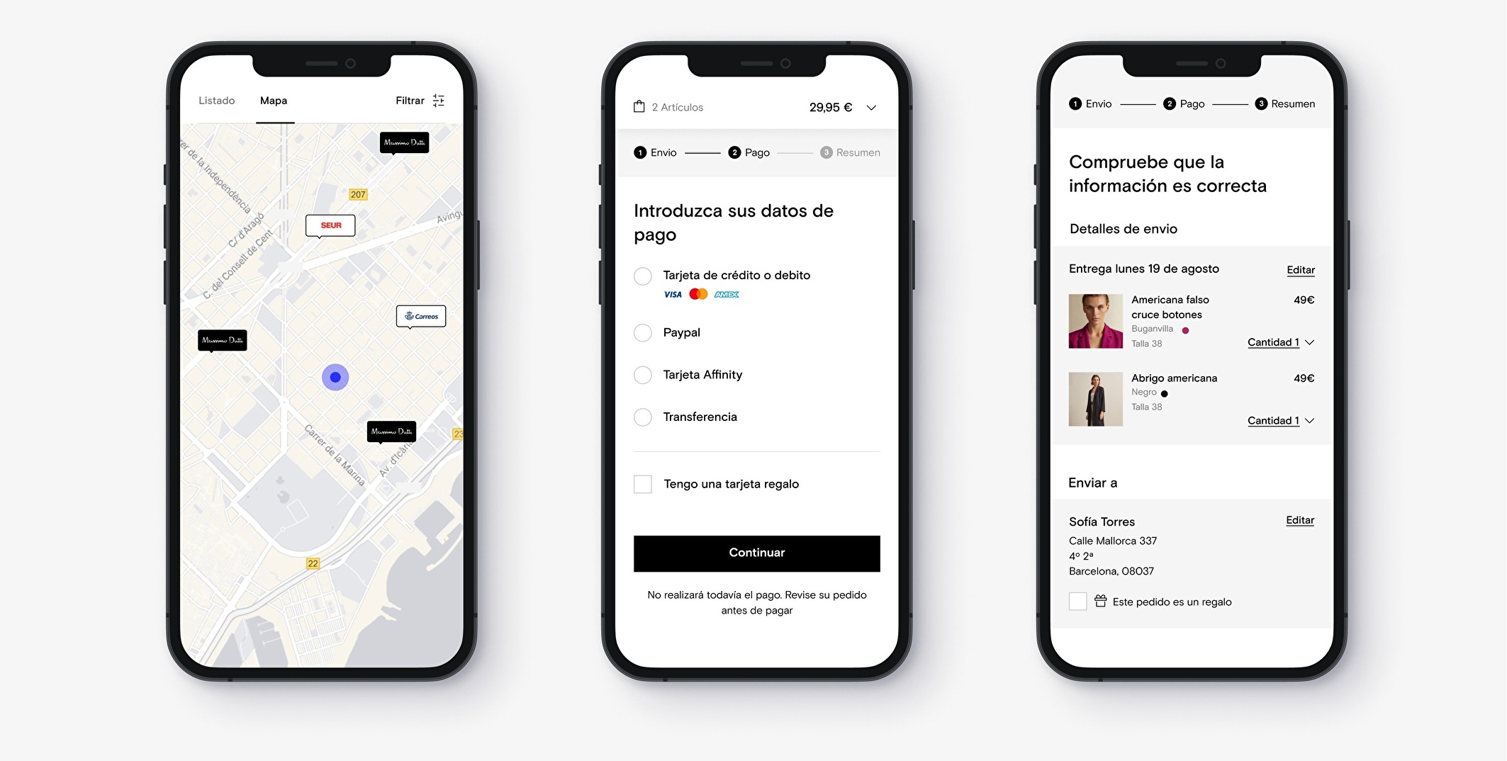 Screens defining the design strategy for the checkout funnel of the Massimo Dutti App.
