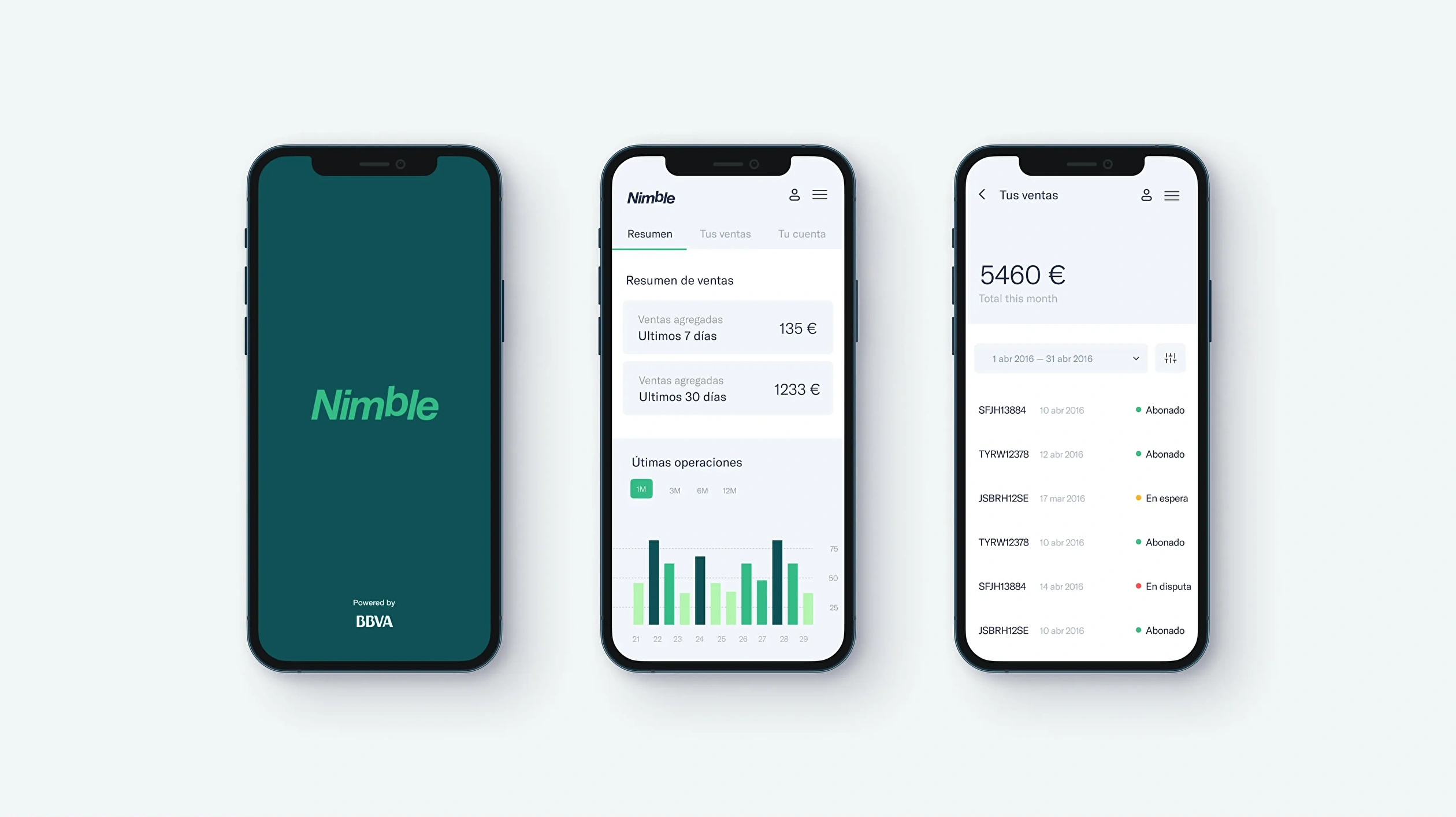 Nimble app designs showing some of the main functionalities.