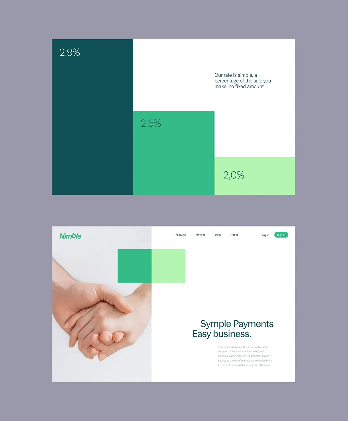 UX/UI design of Nimble's landing page, highlighting the key points of the application.