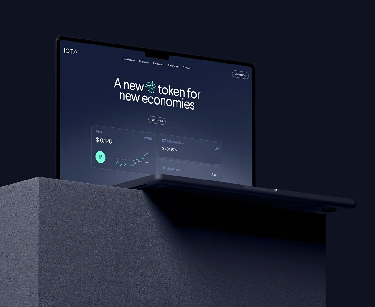 Design of an explanatory landing page for IOTA, a new token for new economies, highlighting its features and benefits.