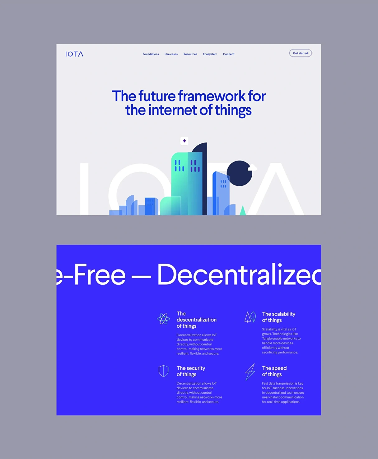 Design of an explanatory landing page for IOTA, a financial technology solution, highlighting its key points and functionalities in the financial sector.