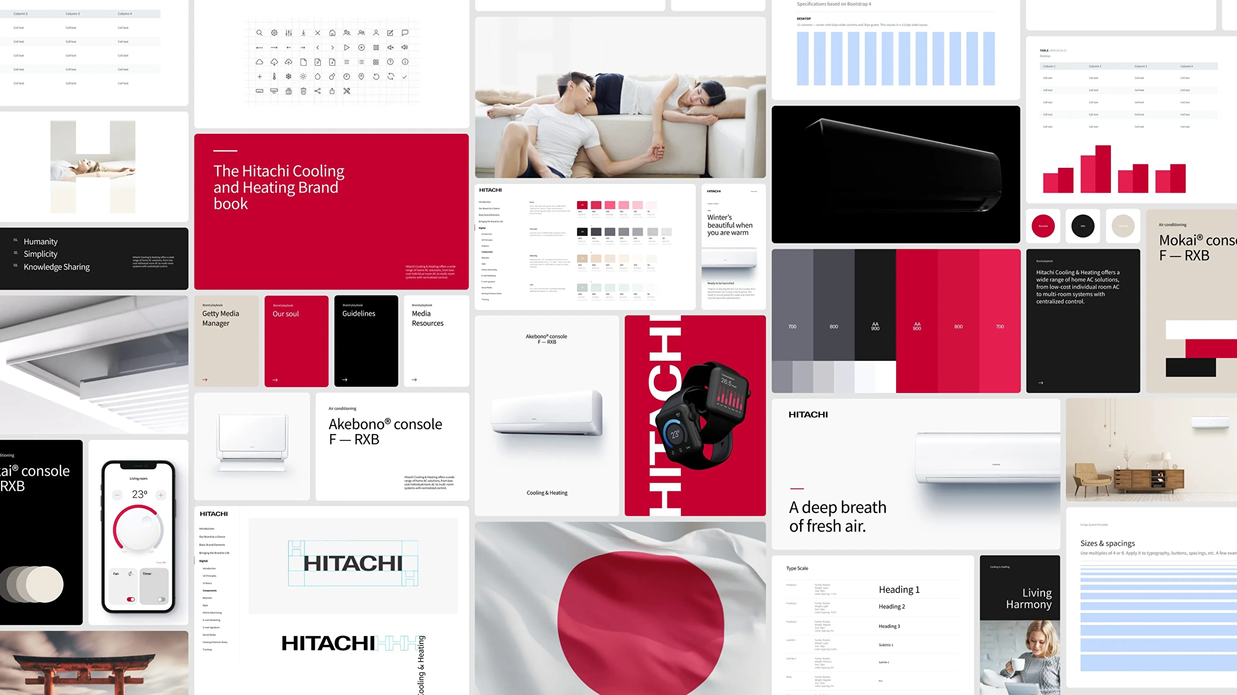 An arrangement of images showcasing the Hitachi Cooling & Heating design system, artfully composed to highlight the brand's aesthetic and functional elements.