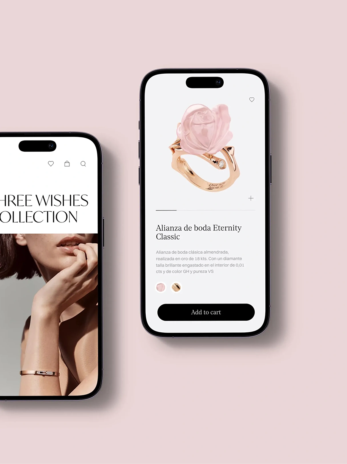 Mobile designs of jewelry's e-commerce website, showcasing the user interface and shopping experience on mobile devices.