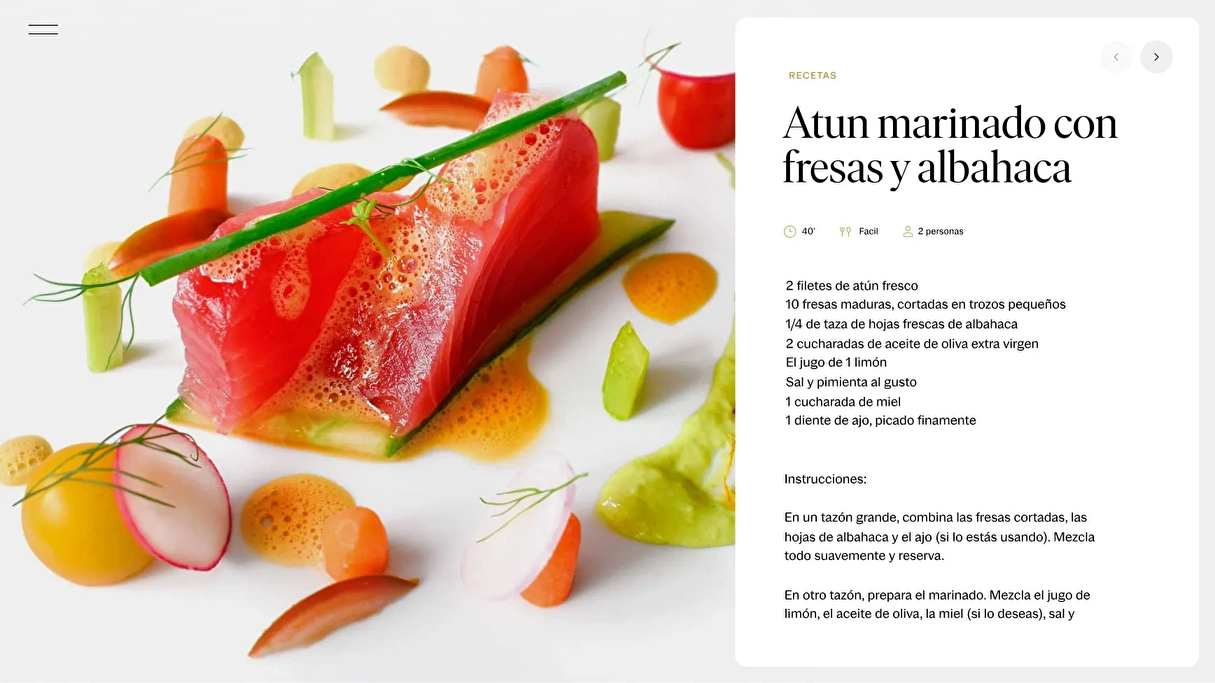 Design of a recipe detail from the Club del Gourmet magazine, featuring a visual presentation of recipe ingredients and steps.
