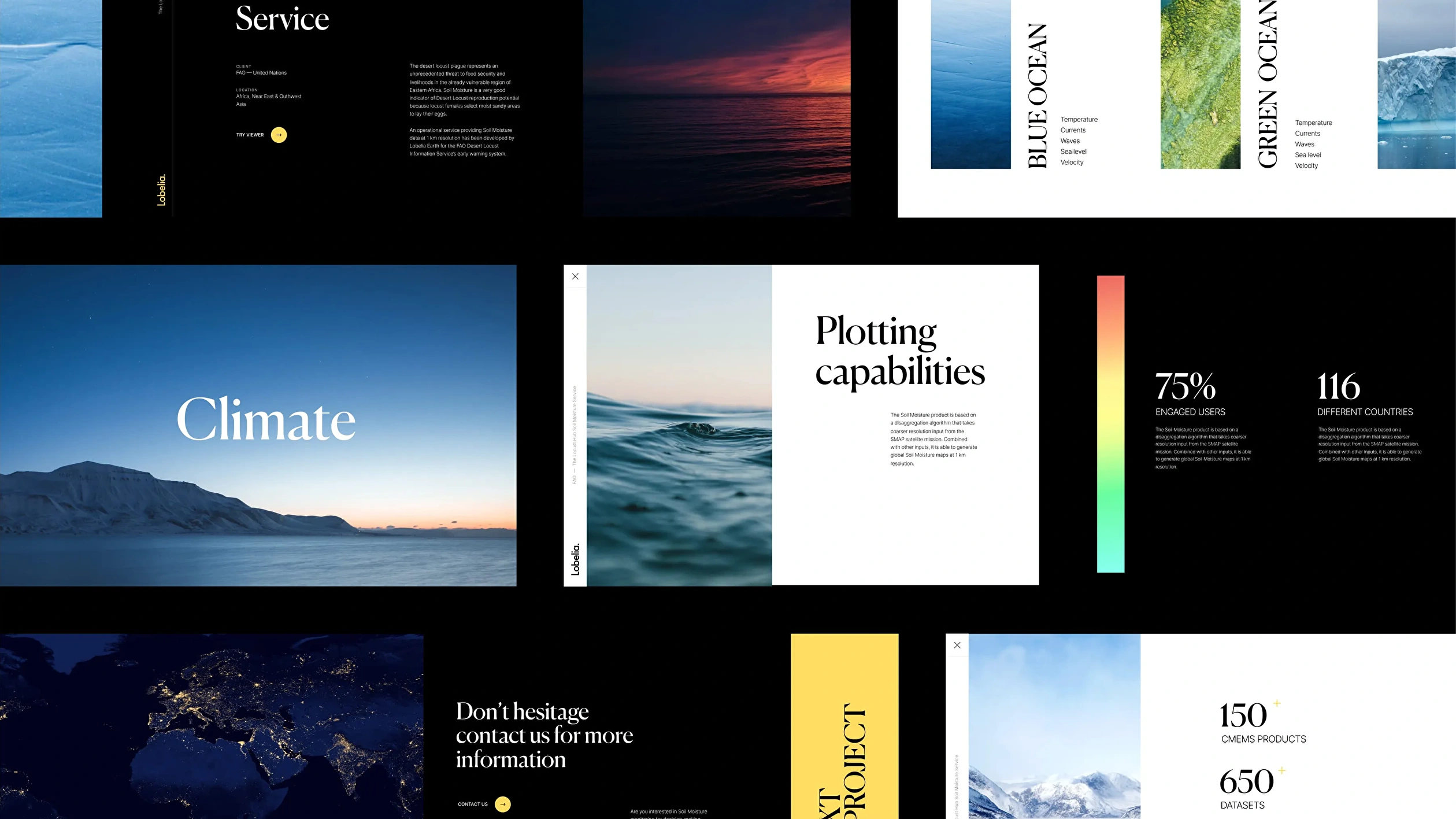 Image gallery from the Lobelia Earth website highlighting sustainability efforts, including eco-friendly and carbon reduction projects.