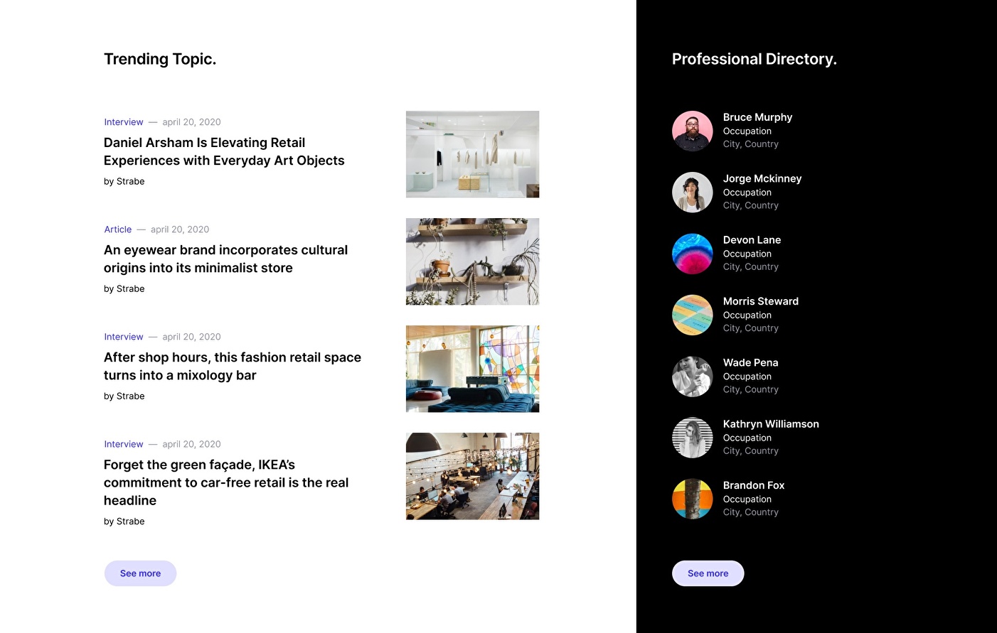 User interface design for the magazine section.