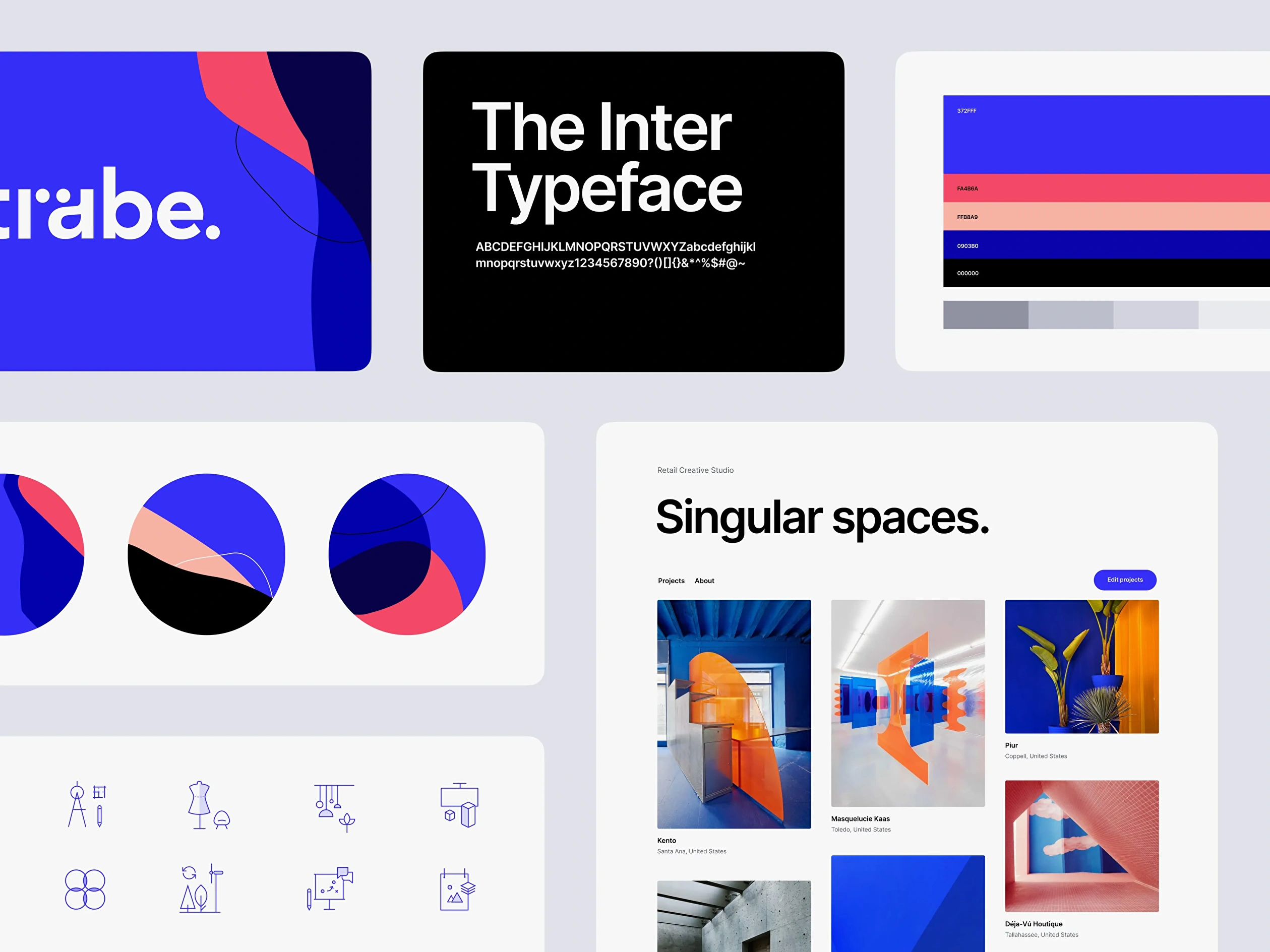 Sträbe Straße brand digital identity case study, featuring a typeface sample, color palette, icons, and user dashboard design